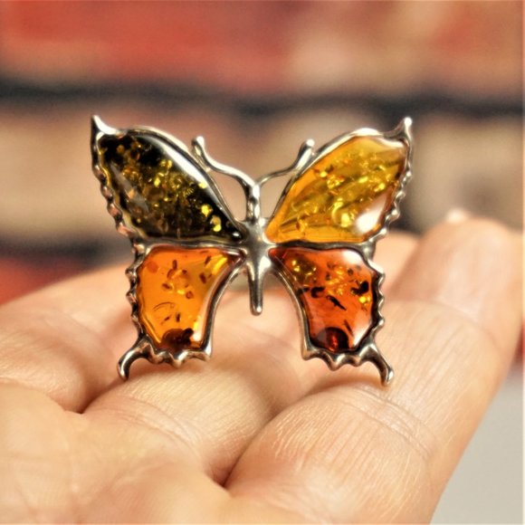 BALTIC AMBER STERLING BUTTERFLY RING SIZE 7.75 GIFT FOR WOMEN - Picture 11 of 13